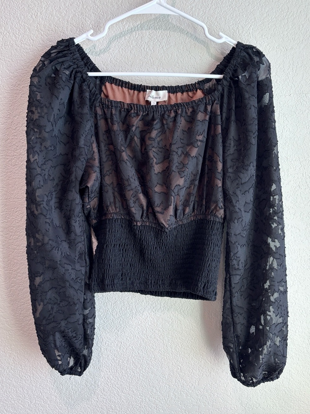 Bohme Smocked Lace Blouse Black Boho Chic Romantic Women’s Size Small